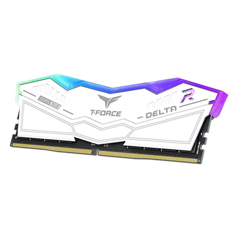 T-Force Delta RGB RAM module with white heatsink and gradient lighting from green to purple