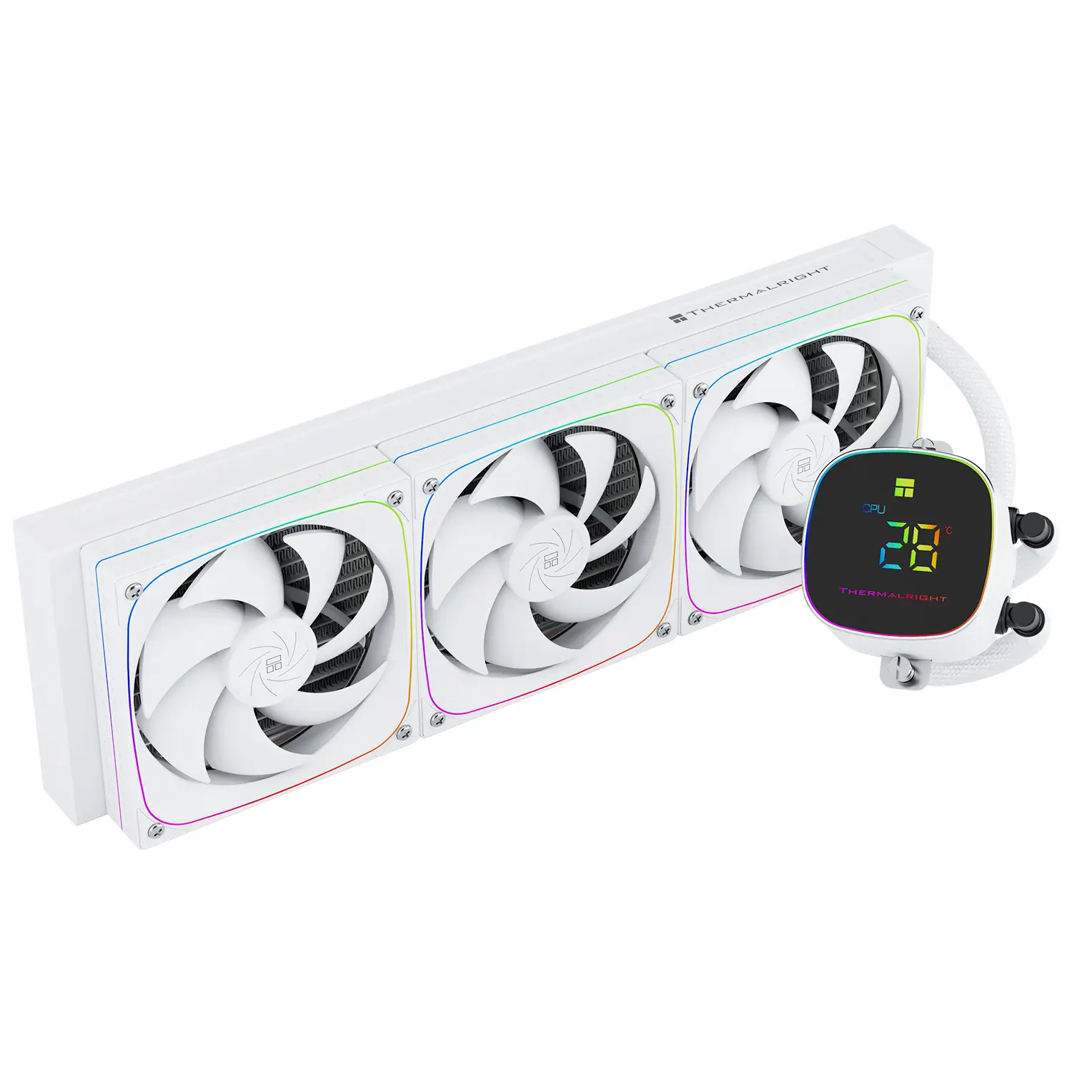 Thermaltake white 360mm AIO liquid CPU cooler with three fans and a pump block with display on the right side.
