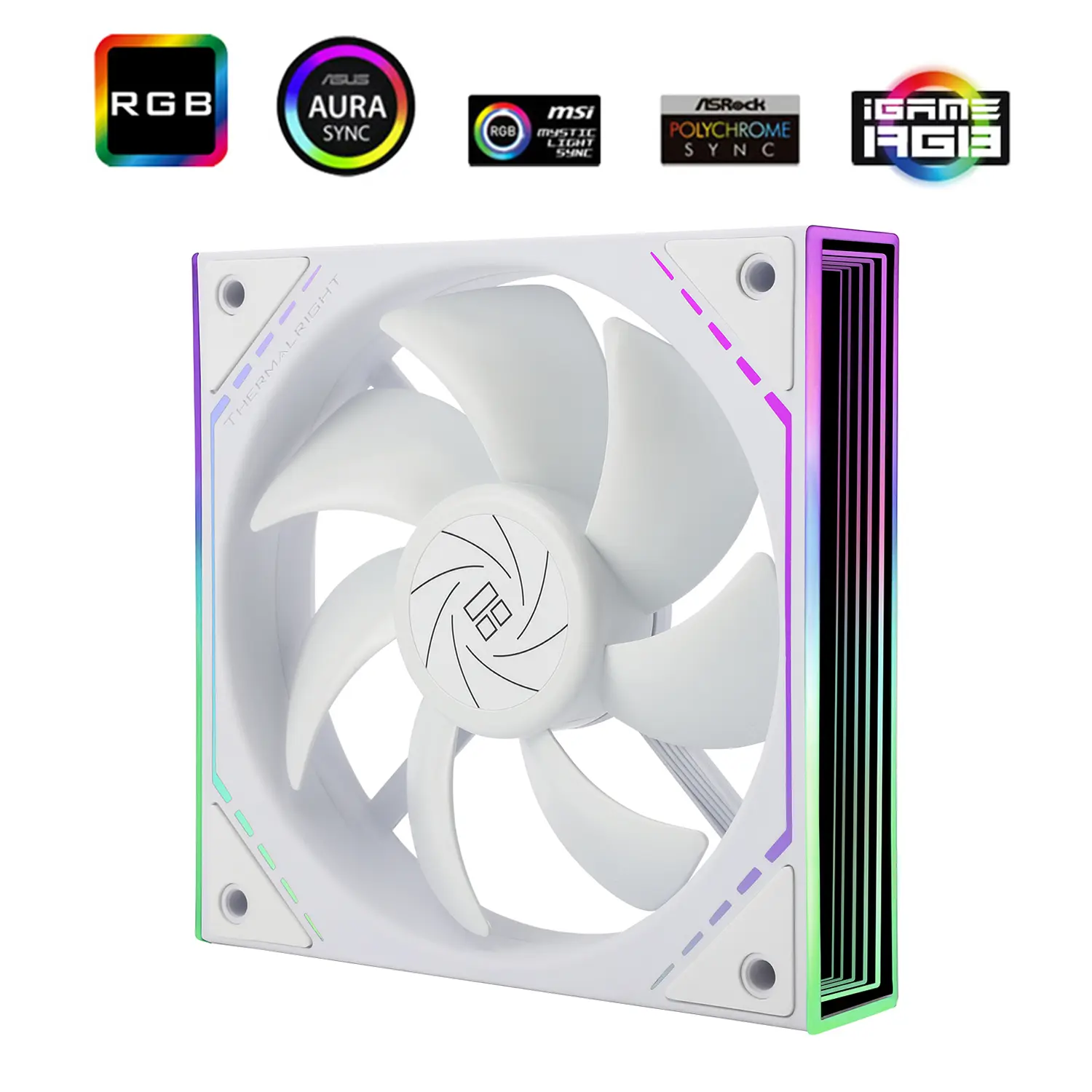 White computer case fan with RGB lighting and a square frame, shown at an angle with rainbow edge lighting and white blades.