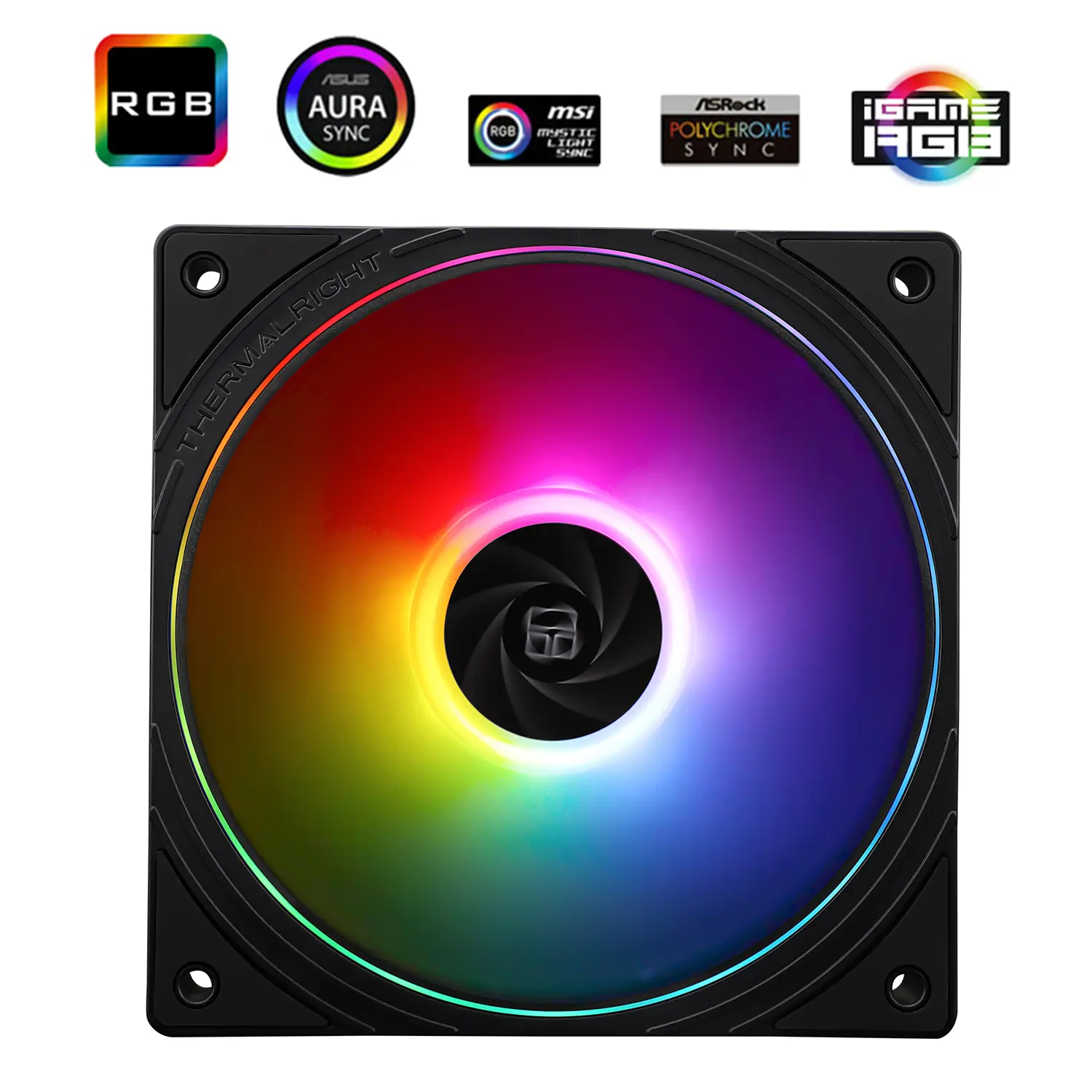 ARGB PC cooling fan with rainbow LED ring in a black square frame, showing multiple compatibility logos above.