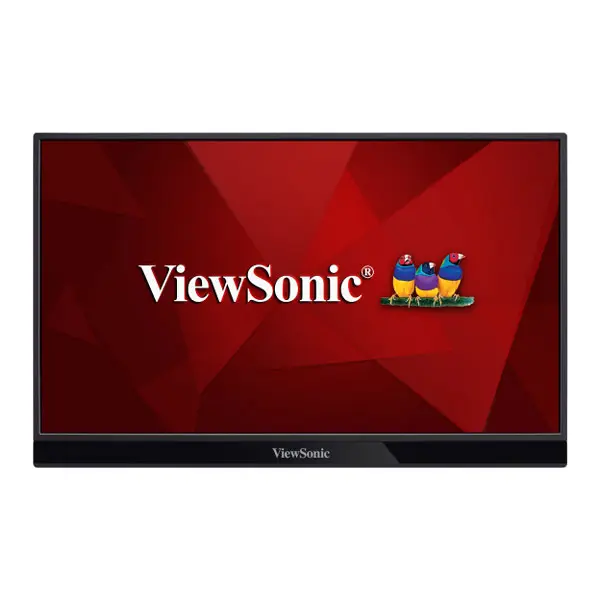 ViewSonic flat-screen monitor on red geometric wallpaper with the ViewSonic logo and three colorful birds on a branch.