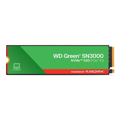 WD Green SN300 NVMe PCIe 4.0 M.2 SSD module with green label; includes 'Powered by SanDisk' text and a small laptop icon on the left.
