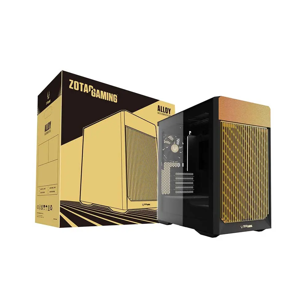 ZOTAC Gaming Alloy PC case with a gold front panel next to its yellow and black packaging box.