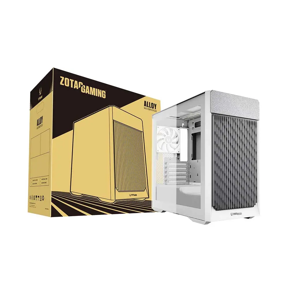 White mid-tower gaming PC case with transparent side panel and large black front grill, shown beside its yellow Zotac Gaming Alloy box.
