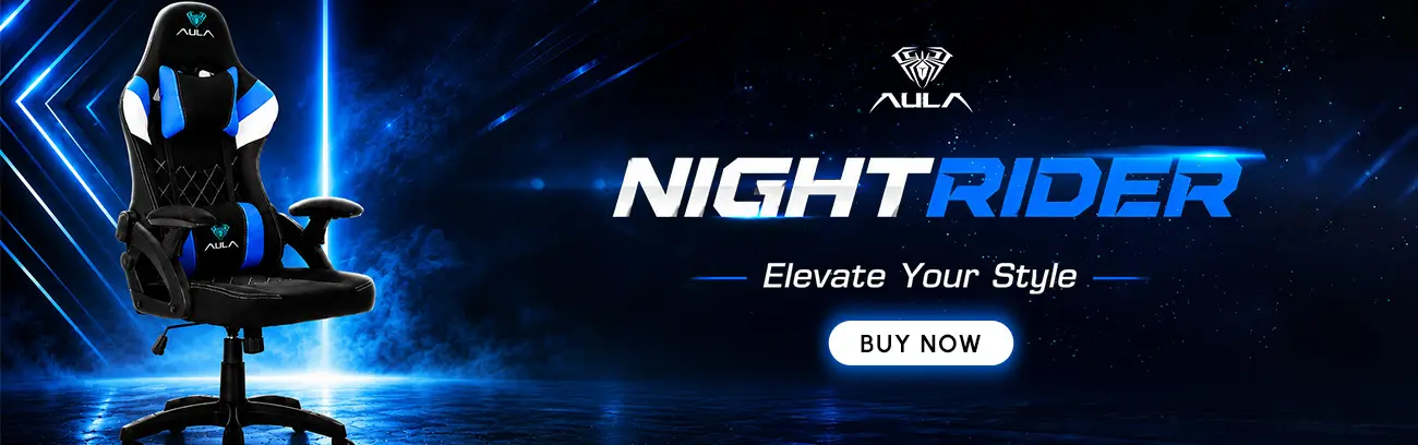 Blue and black AULA gaming chair on a neon space-themed banner with 'NIGHTRIDER' branding and a Buy Now button