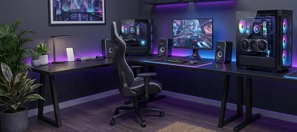 Modern gaming desk setup with a large central monitor, RGB-lit PC, and a black ergonomic chair on a dark desk. Keep plants and purple lighting nearby.