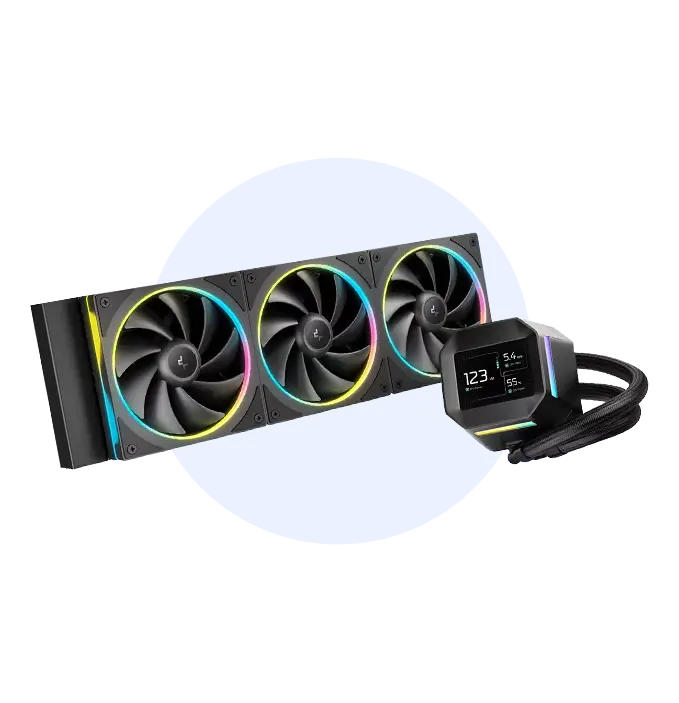 Triple-fan RGB liquid CPU cooler with a mounted pump/display unit on the right