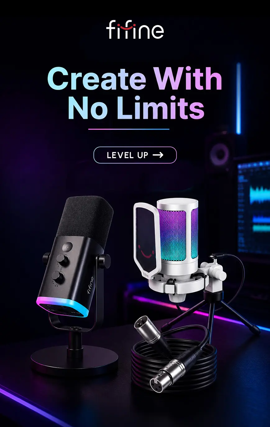 Dark studio ad featuring FiFine microphones and audio gear: a two-mic setup with colorful LED lighting and cables, plus the tagline 'Create With No Limits' and a 'Level Up' callout.