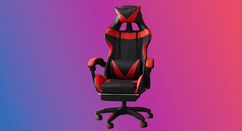 Ergonomic black and red gaming chair with cushioned armrests on a blue‑pink gradient background.