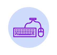 Line-drawn purple keyboard and mouse with a laboratory bottle in the background on a light blue background.