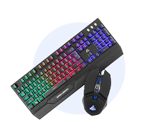 RGB gaming keyboard with a wired mouse on a light blue background, showcasing colorful backlighting.
