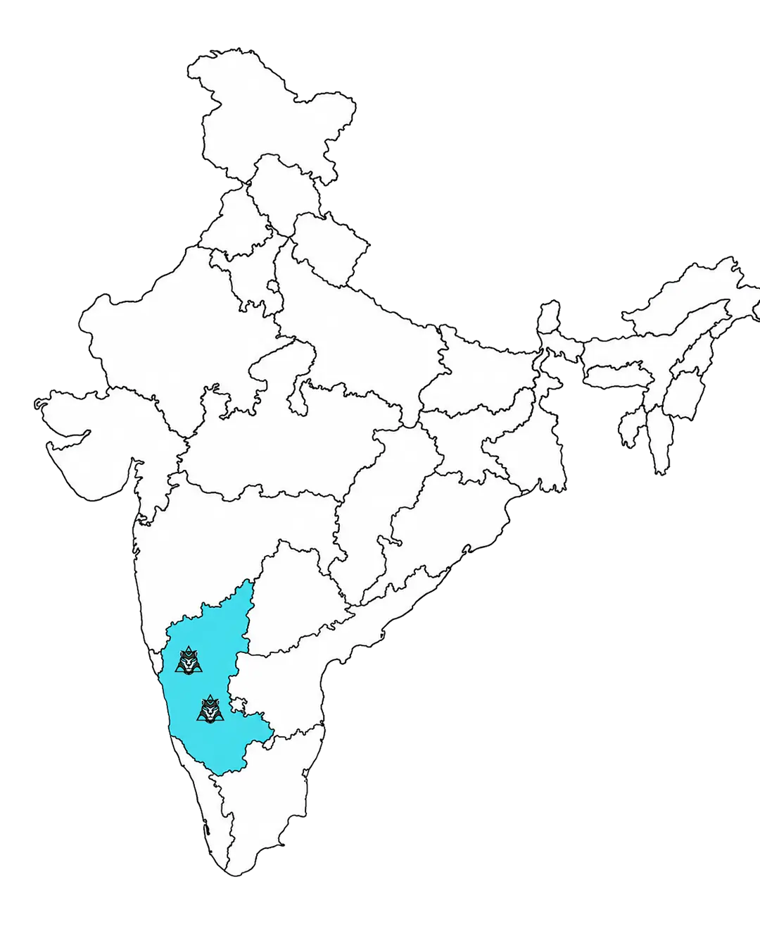 Map of India with the southern region shaded cyan and two small icons inside the highlighted area.