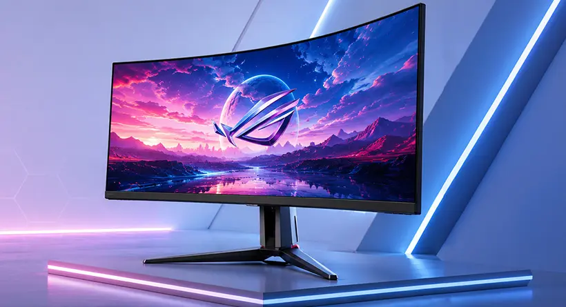 Curved gaming monitor on a stand in a neon-lit setup, displaying a vibrant pink‑purple landscape wallpaper.
