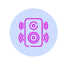 Pink speaker icon emitting waves on a light blue background, indicating audio.