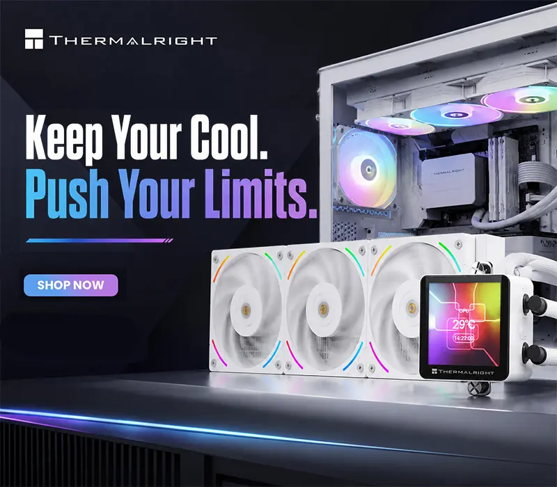 Advertising banner for Thermaltake: high-end PC cooling with RGB fans and a touchscreen display, captioned 'Keep Your Cool. Push Your Limits.'
