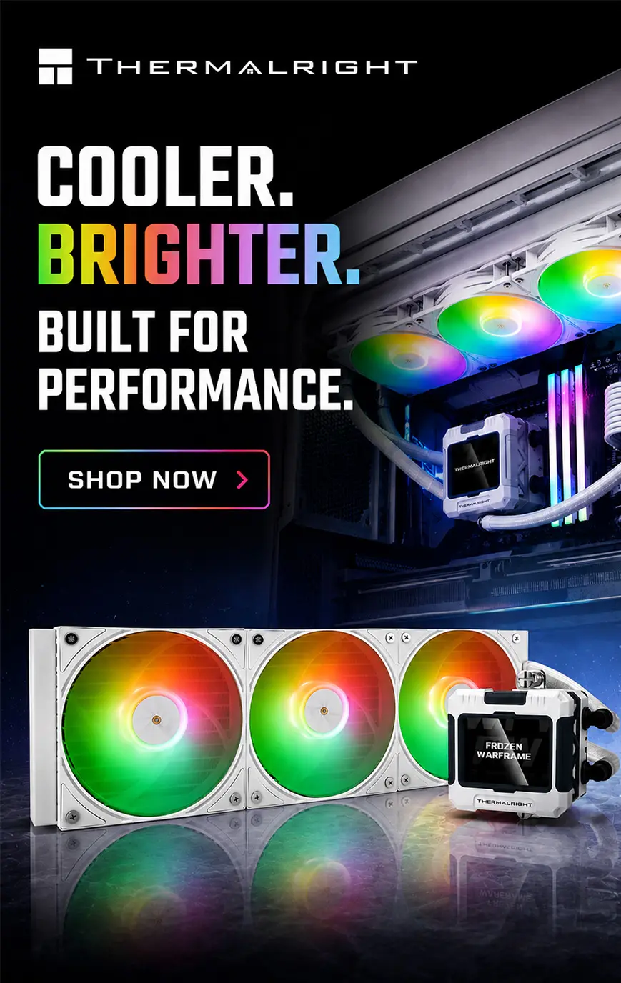 Advertisement for Thermalright cooling system showing three RGB fans and a water block, with the slogan 'Cooler. Brighter. Built for Performance' and a 'Shop Now' button.