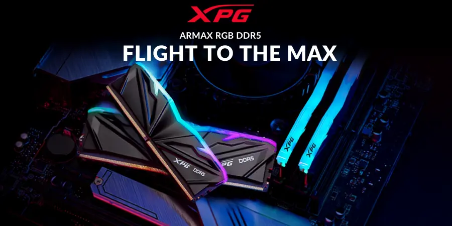 XPG ARMAX DDR5 RAM modules with blue and cyan lighting on a motherboard, captioned Flight to the Max