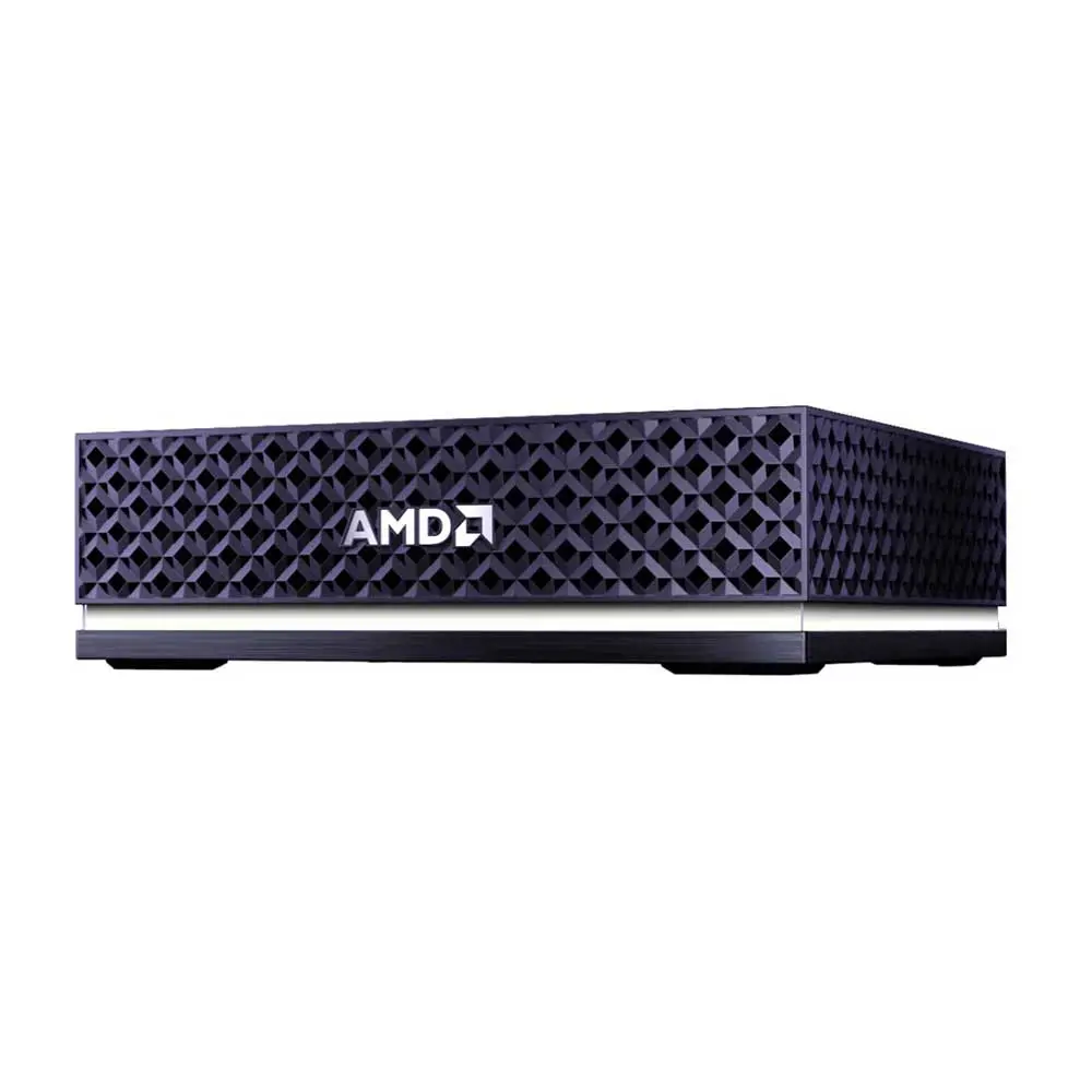 Purple AMD-branded gaming console with a geometric-patterned front panel on a white background.