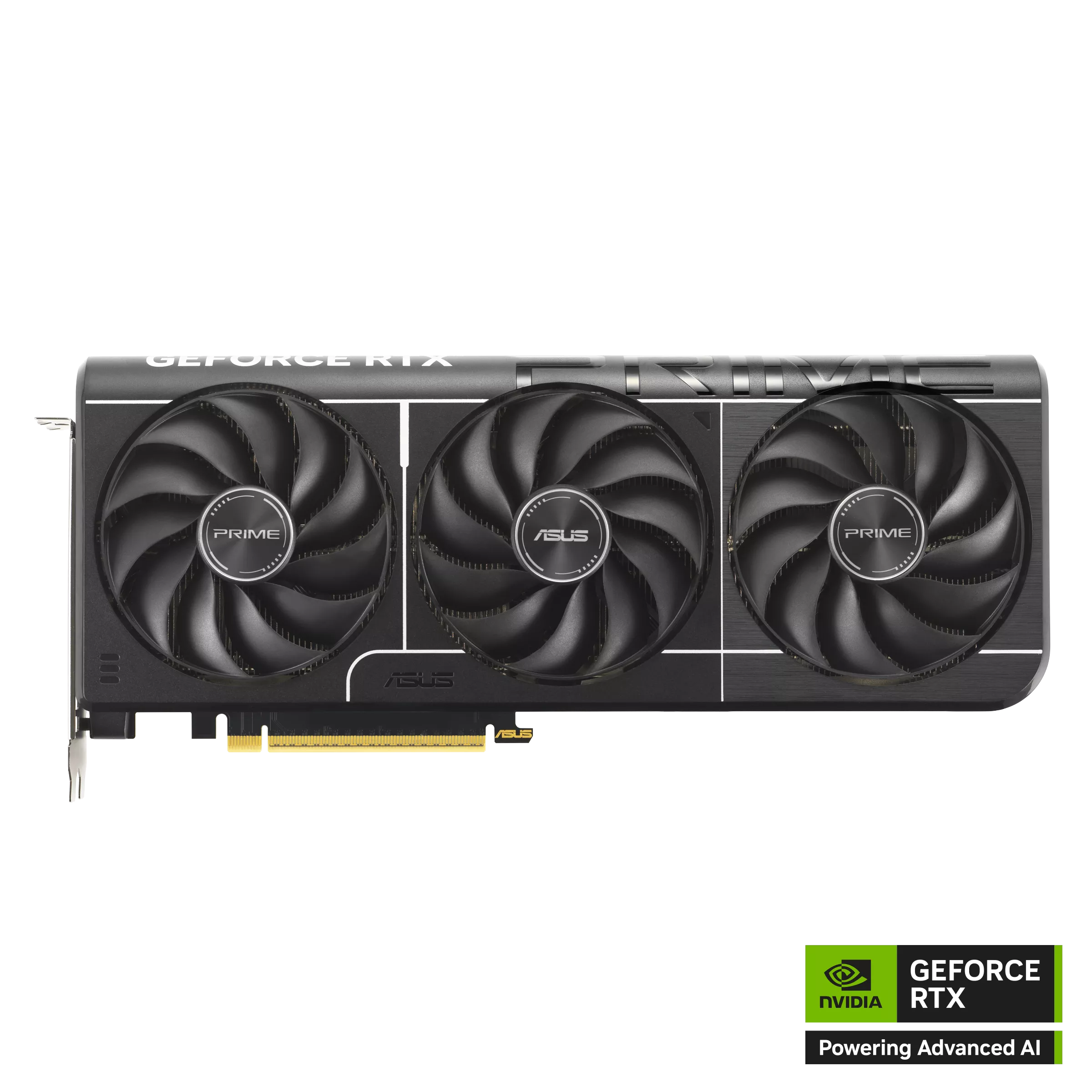 High-end graphics card with GeForce RTX branding and three fans, Nvidia logo visible at bottom right showing 'Powering Advanced AI' text.