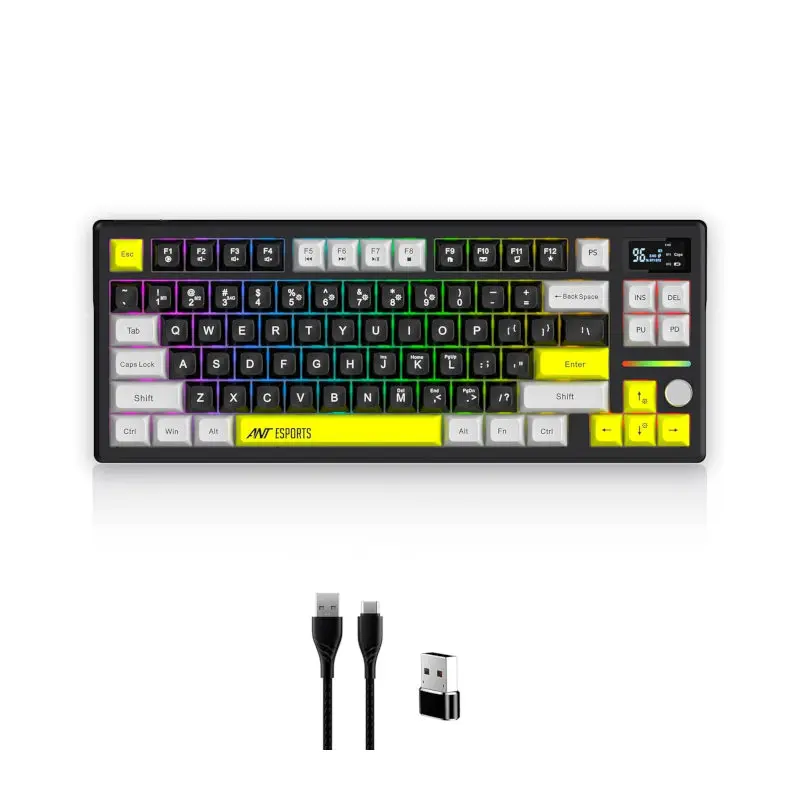 Gaming keyboard with colorful keycaps and a numeric pad, plus USB dongle and cables shown below