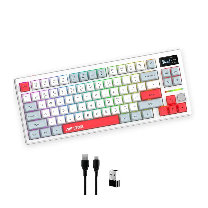 RGB backlit keyboard with multicolor keys and a wireless USB receiver beside two cables below the keyboard