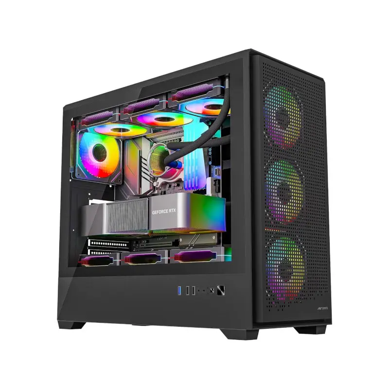 Mid-tower PC with a transparent side panel showing RGB-lit internal components and a GeForce RTX graphics card in the PCIe slot.