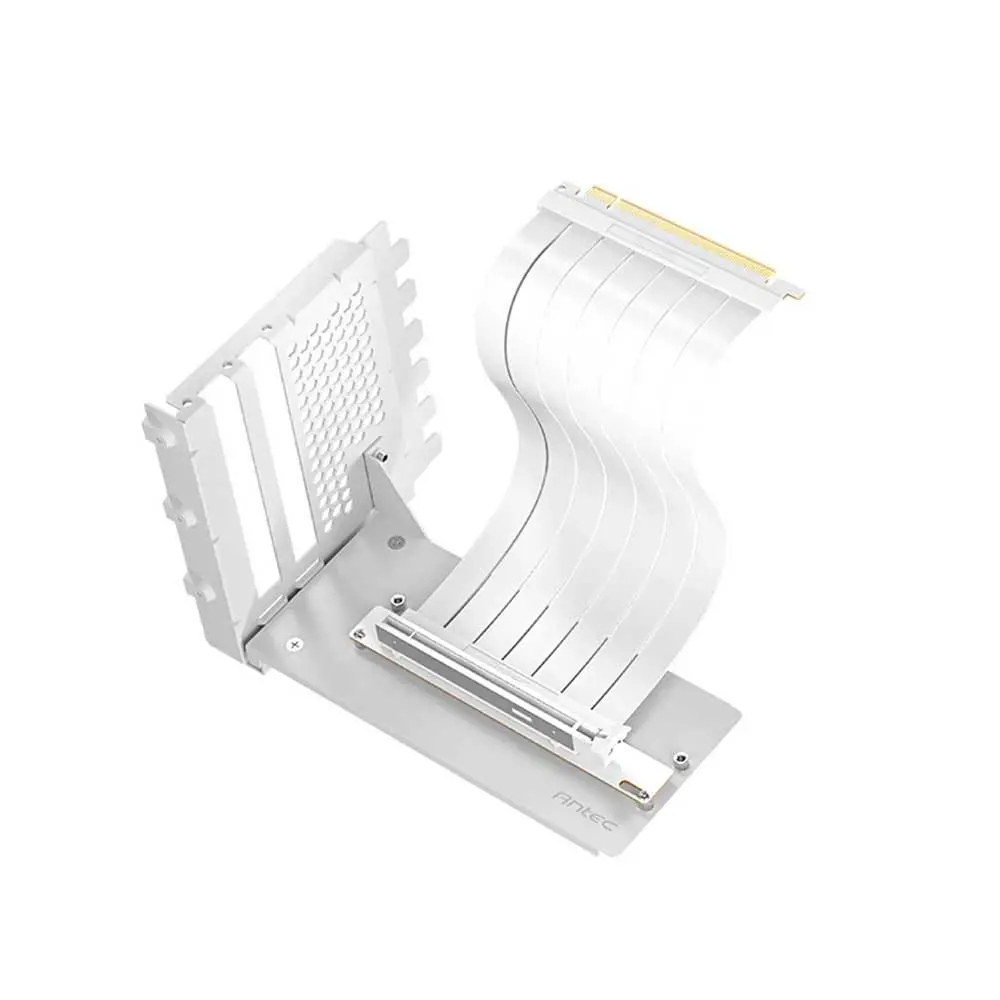 White PCIe riser adapter with flexible ribbon cable and mounting bracket, used to relocate a PCIe card in a PC.