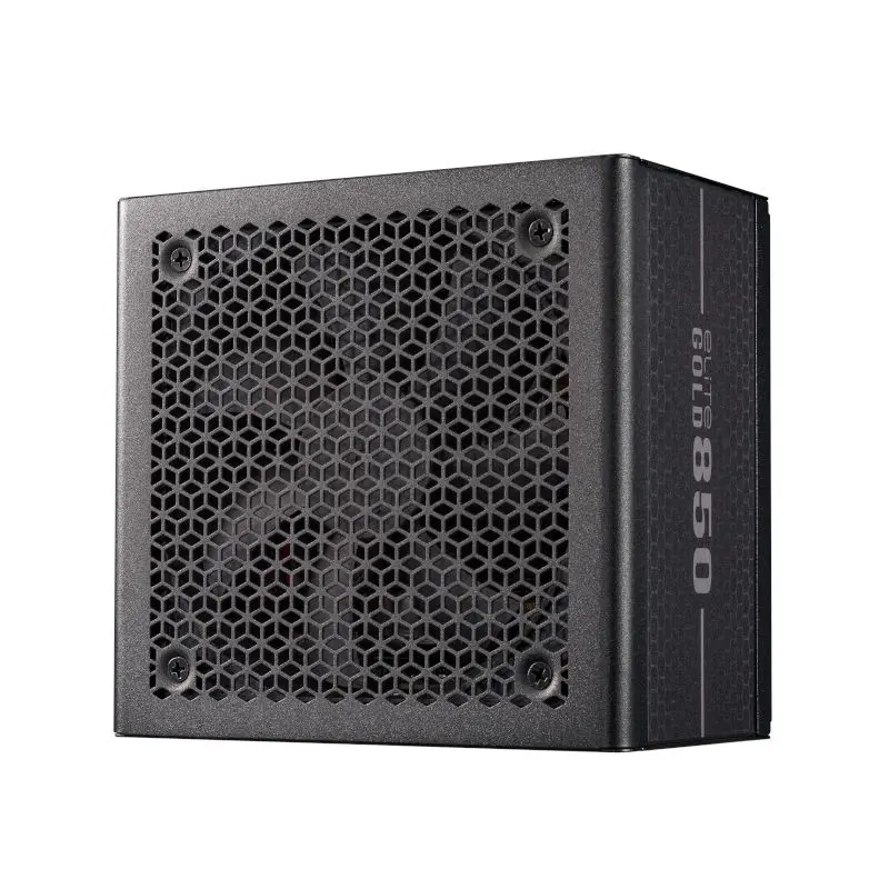 Black computer power supply unit with hexagonal vent grille and subtle side branding visible