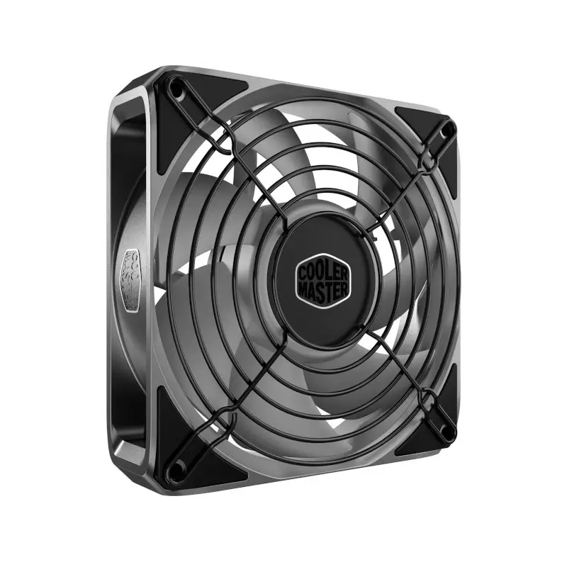 Square computer case fan with protective wire grille and cooler master logo at center, angled view.