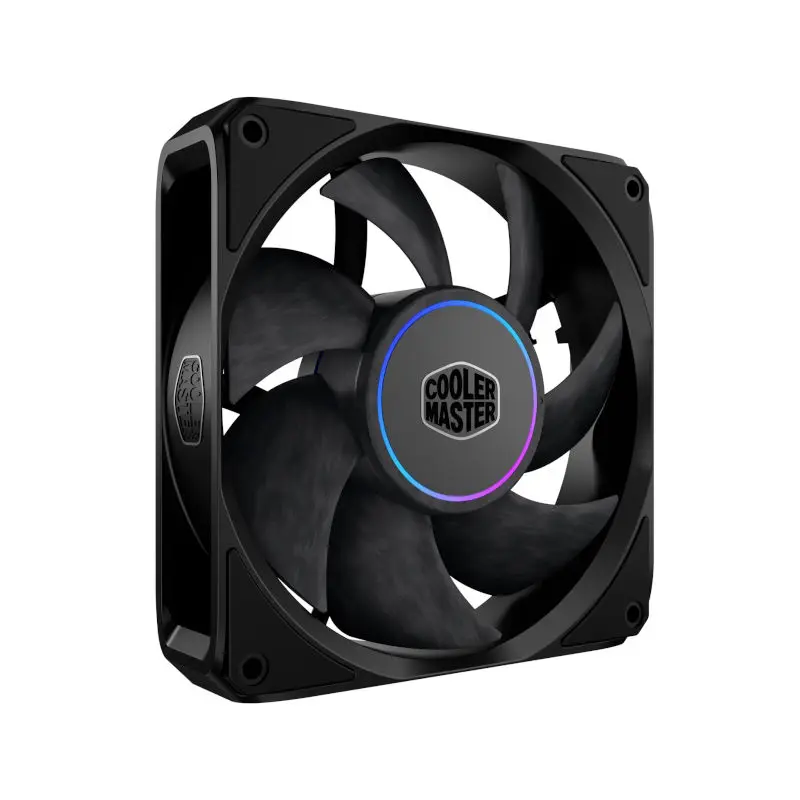 Black 120mm Cooler Master PC case fan with an RGB ring around the center hub