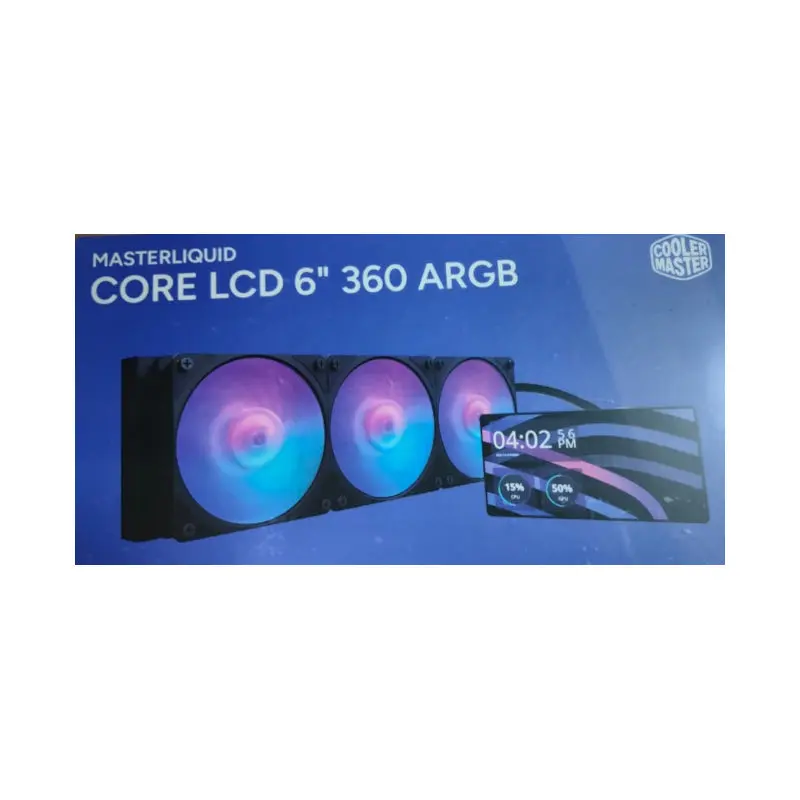 MasterLiquid Core LCD 6" 360 ARGB CPU cooler with three RGB fans and an LCD display panel on the right side.