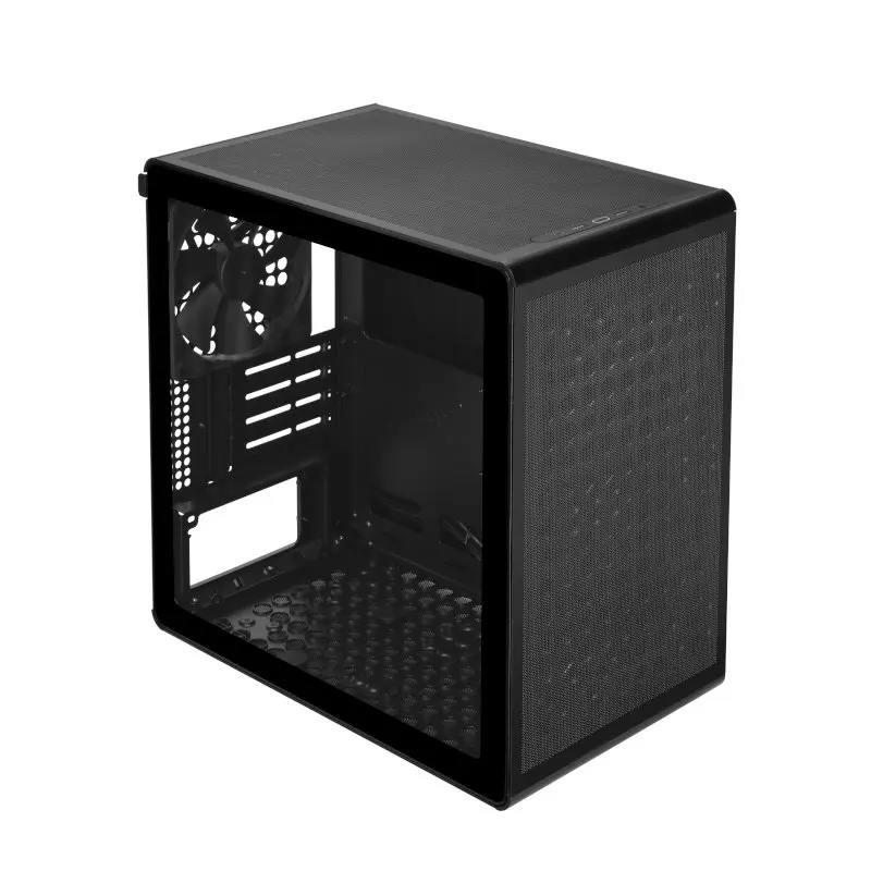 Black mid-tower PC case with a transparent side panel and perforated front mesh panel.