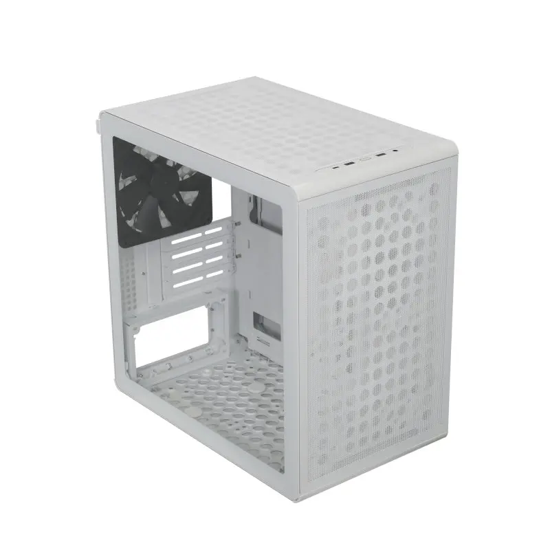 White mid-tower PC case with perforated front panel and a rear exhaust fan, no components installed.