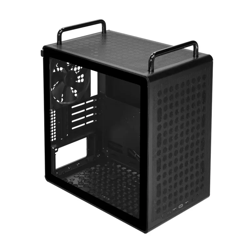 Black computer case with a tempered glass side panel and top carry handles