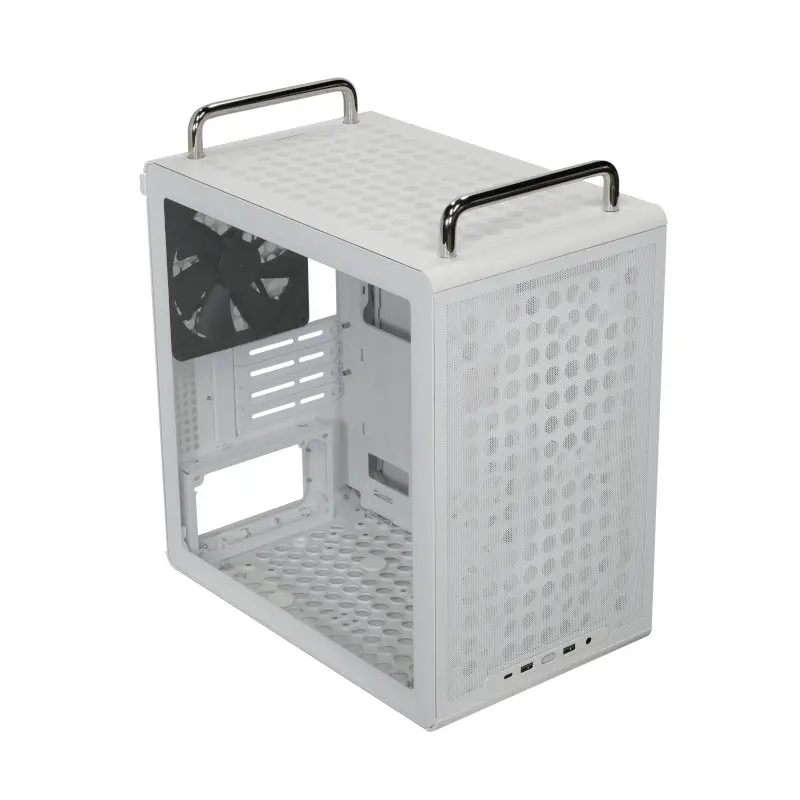 White mid-tower PC case with perforated front panel and top handles, side panel removed to show interior layout