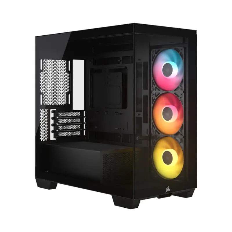 Mid-tower PC case with three RGB front fans and a tempered glass side panel, black exterior.