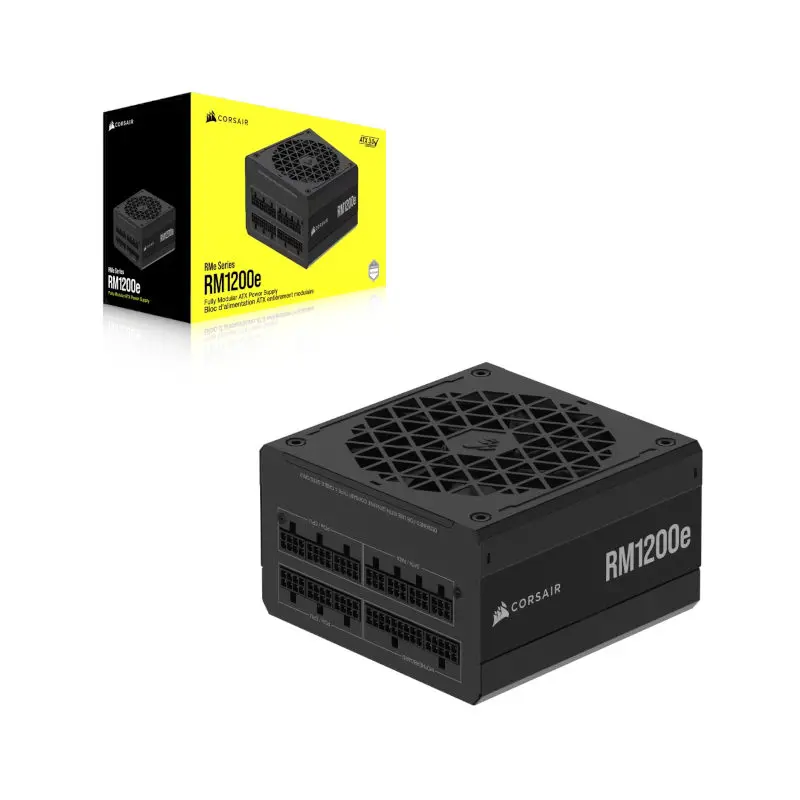 Corsair RM1200e 1200W modular power supply with its yellow Corsair box in the background.