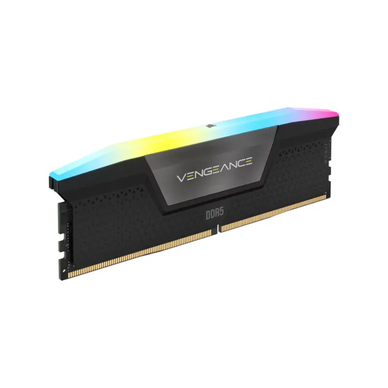 RGB-lit Corsair Vengeance DDR5 memory module with gold edge connectors and black heat spreader