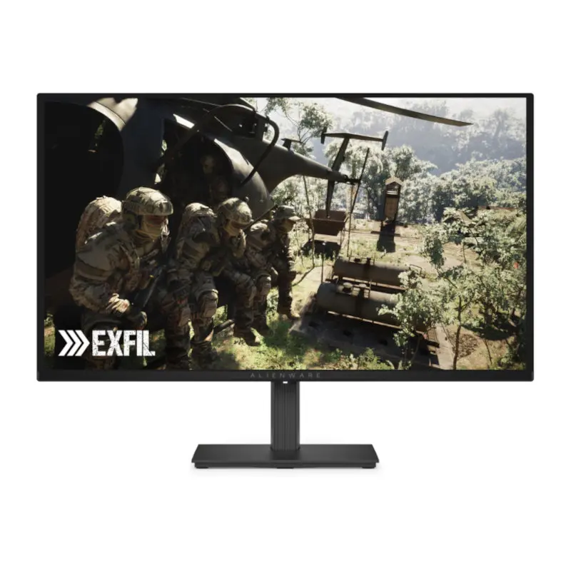 Alienware monitor on a stand displaying a tactical military game scene with soldiers near a helicopter; EXFIL watermark bottom-left.