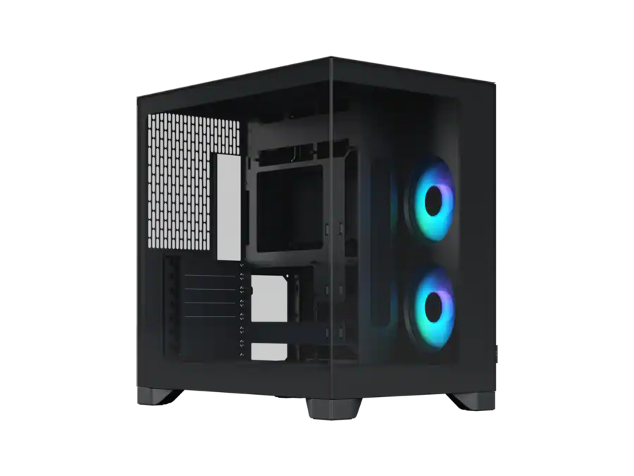 Mid-tower PC case with a transparent side panel and RGB-lit fans on the front. (informative)