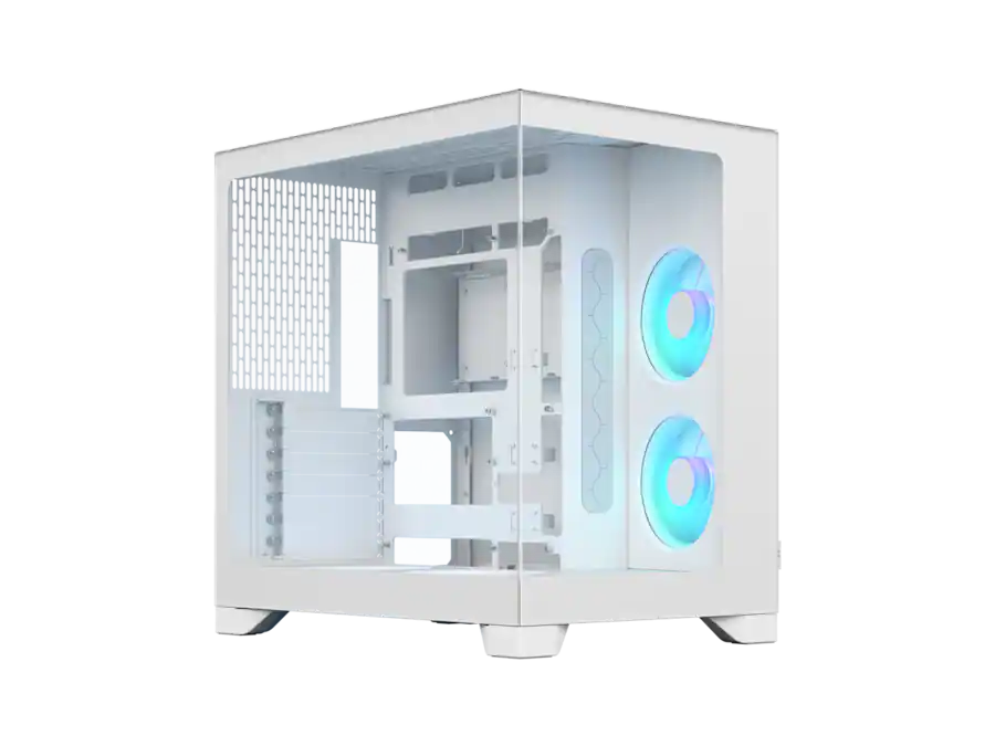 White mid-tower PC case with a transparent side panel showing internal components and blue RGB fans at the front.