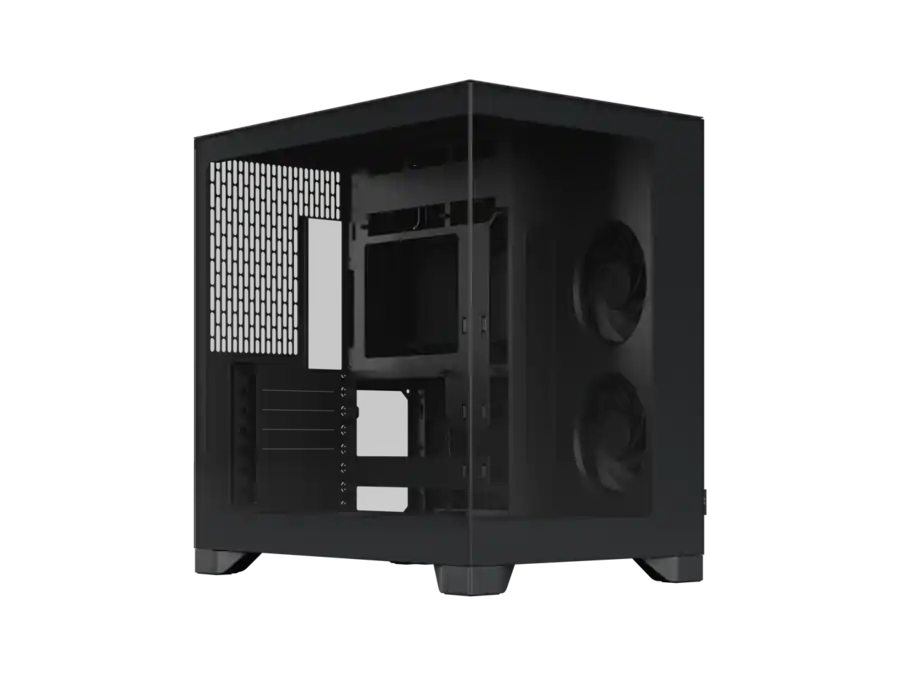 Black mid-tower PC case shown from a side angle with dual front fans and interior components visible through the panel