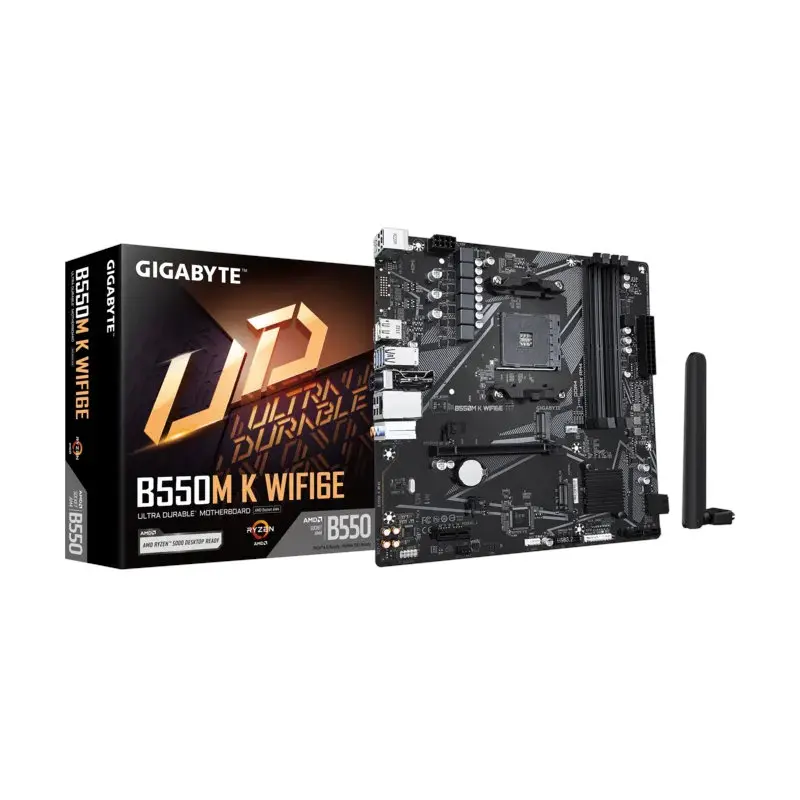 Gigabyte B550M K WiFi 6 motherboard box next to the actual black motherboard and Wi‑Fi antennae.