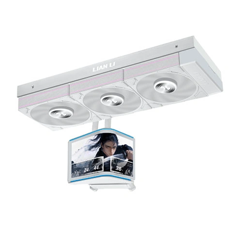 White ceiling-mounted unit with three large fans and a hanging curved LCD monitor displaying a person.