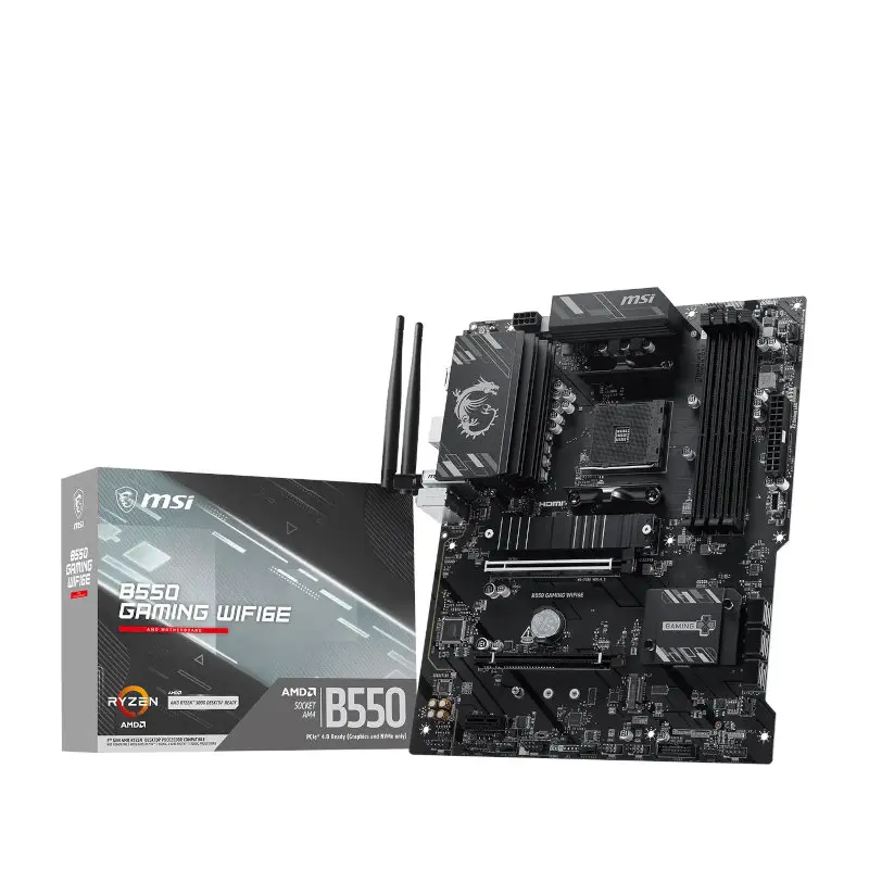 MSI B550 Gaming WiFi motherboard beside its box, with two antennas attached.