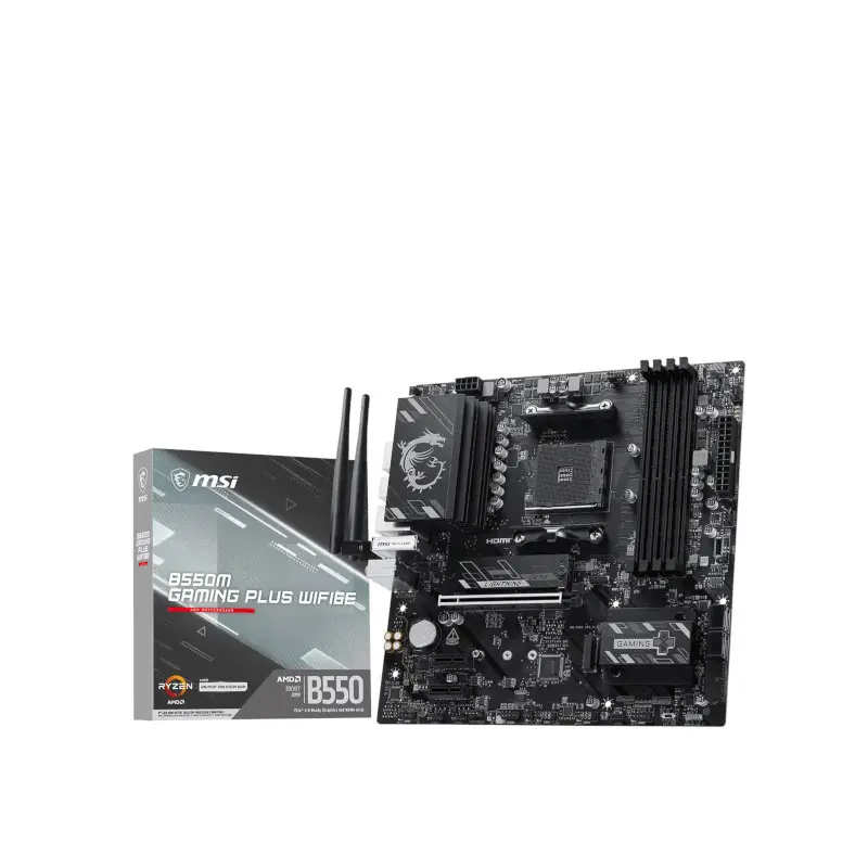 MSI B550M Gaming Plus WiFi motherboard with two antennas shown beside its box, black with heatsinks and PCIe slots