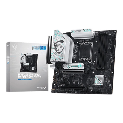 MSI B760M Gaming Plus WiFi motherboard with boxed packaging shown beside it, micro-ATX form factor and cooling heatsinks visible.