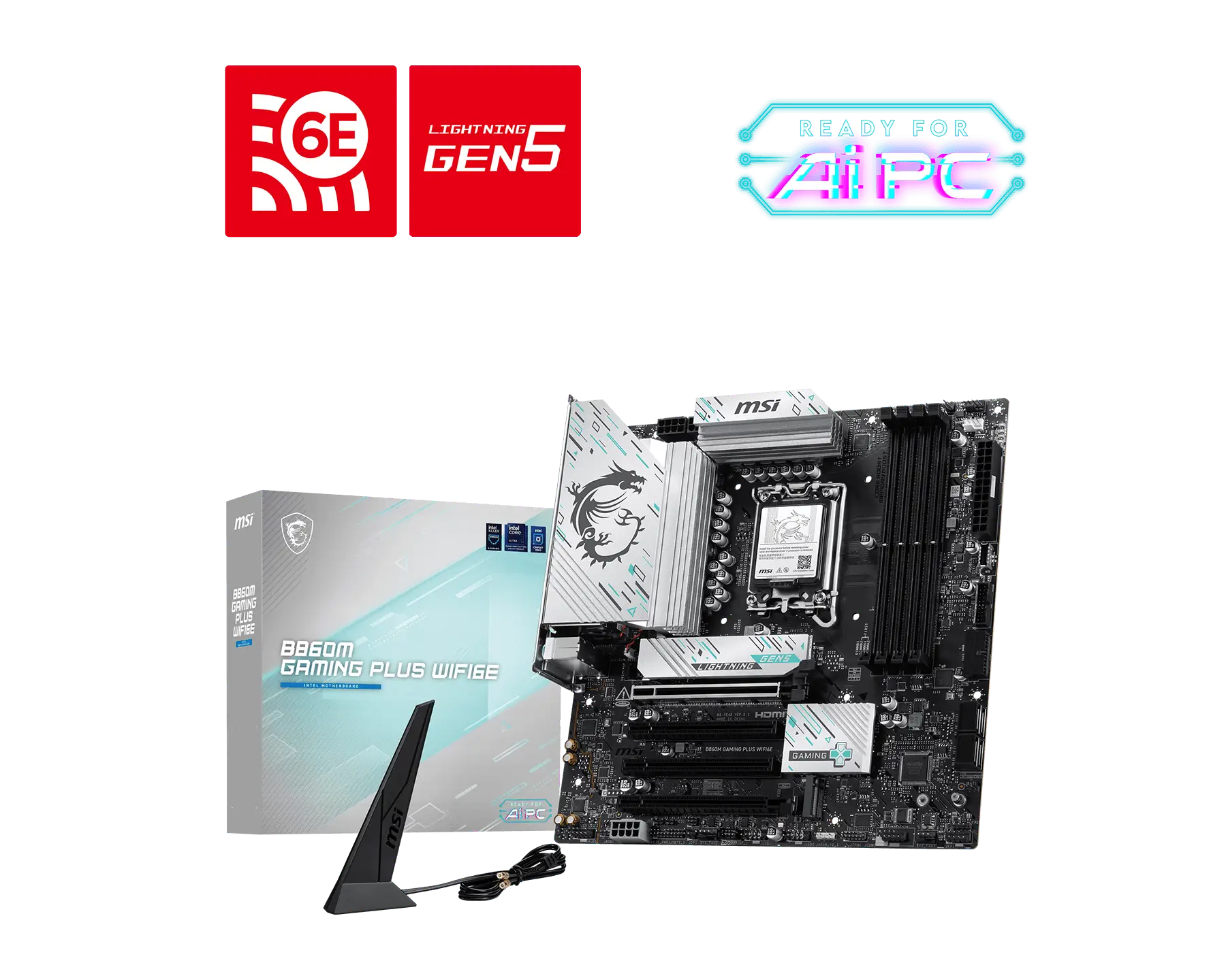 MSI B550M Gaming Plus WiFi motherboard with prominent branding logos above: red 6E and Lightning Gen5 icons, plus a neon 'Ready for AI PC' badge on a black background.