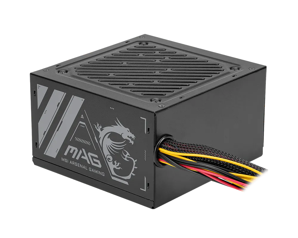 MSI Arsenal Gaming power supply unit with braided cables exiting the side.