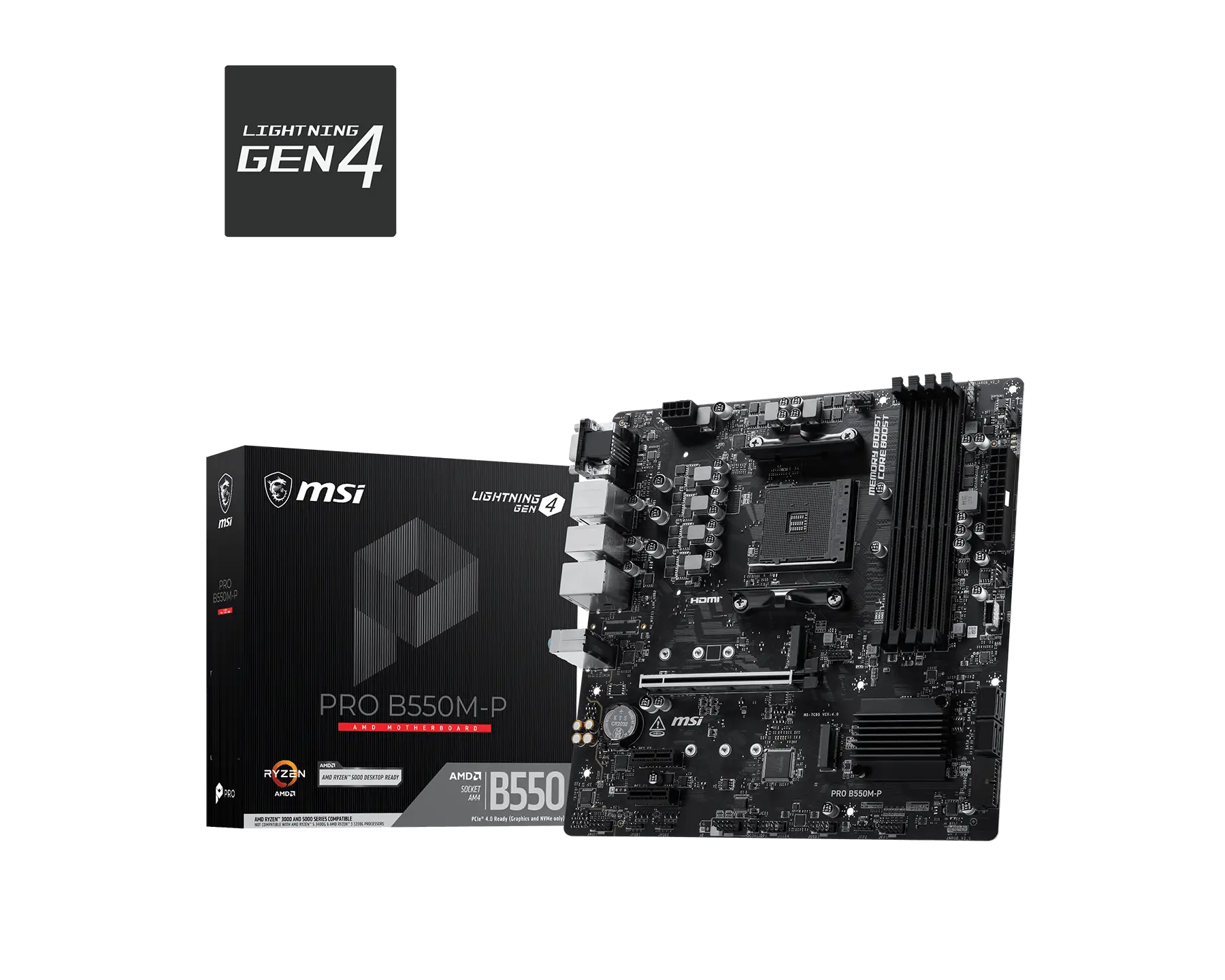 MSI PRO B550M-P motherboard box with a motherboard image against a black background, showcasing PCIe slots and RAM sockets.